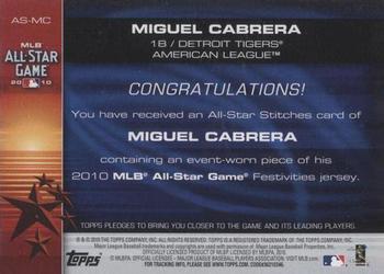 2010 Topps Update - All-Star Stitches #AS-MC Miguel Cabrera Back